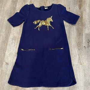 Adorable Girls size 10 navy short sleeve dress with gold unicorn